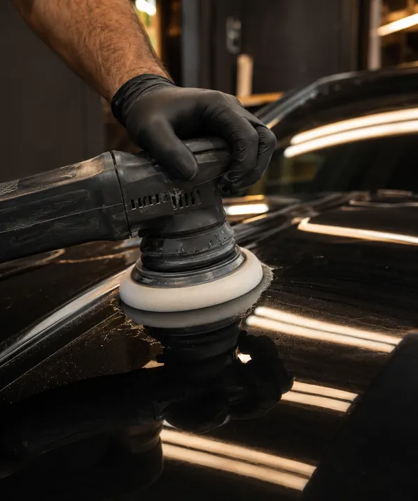 Polissage d'une carrosserie noire à la lustreuse